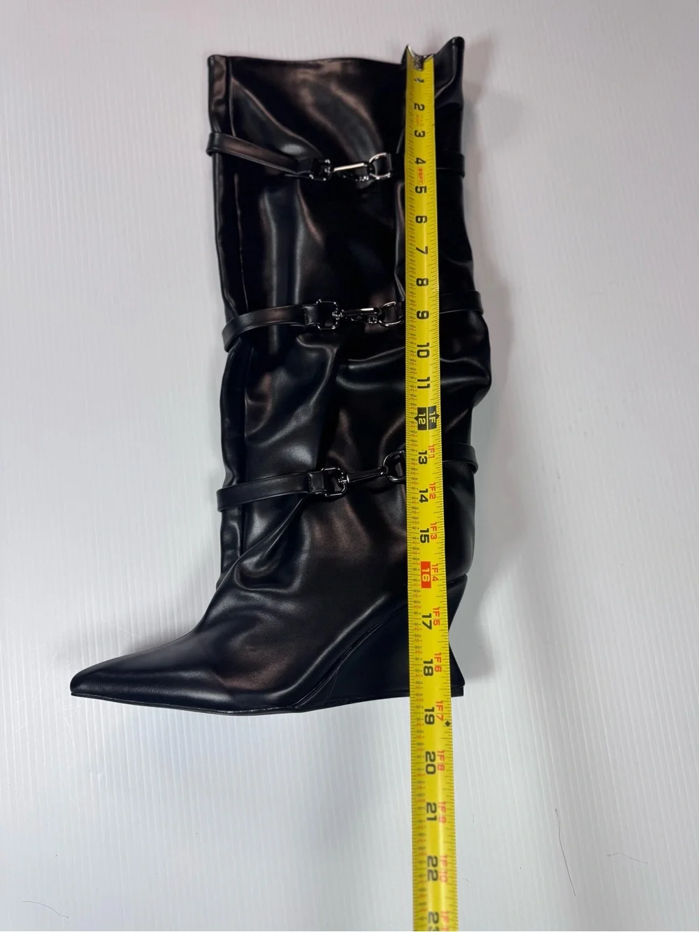 Black Kullervo Slouchy Wedge Knee-High Boots Buckle Detail Pointed Toe NIB